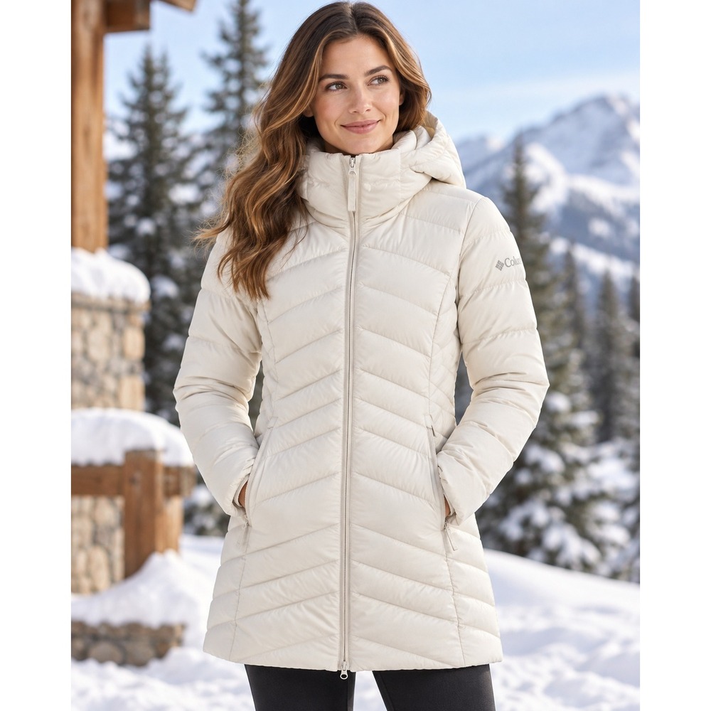 Columbia Autumn Park Down Jacket Women XS Chalk Omni-Heat Hooded Puffer